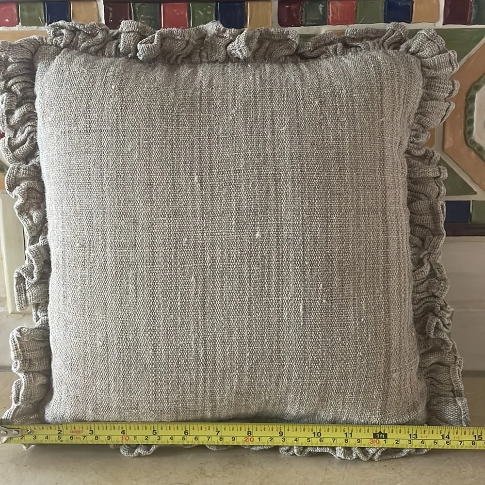 Linen pillow with ruffle burlap/olive color
